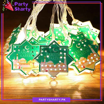 Green Color Ramadan Kareem With Masjid Printed Star Shaped Led Metal String Lights For Ramadan Iftar Party Celebration